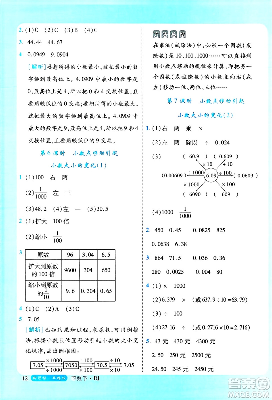 延邊大學(xué)出版社2025年春優(yōu)翼新領(lǐng)程四年級(jí)數(shù)學(xué)下冊(cè)人教版浙江專(zhuān)版答案
