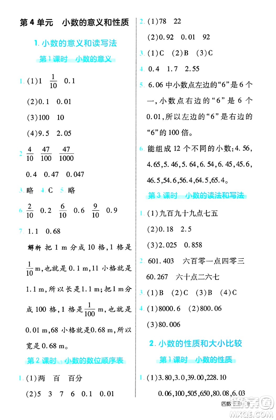 武漢出版社2025年春優(yōu)翼新領(lǐng)程四年級數(shù)學下冊人教版福建專版答案