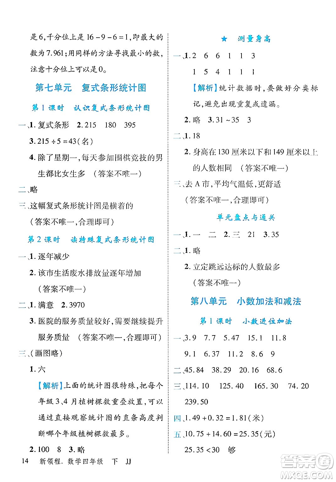 合肥工業(yè)大學出版社2025年春優(yōu)翼新領程四年級數(shù)學下冊冀教版答案