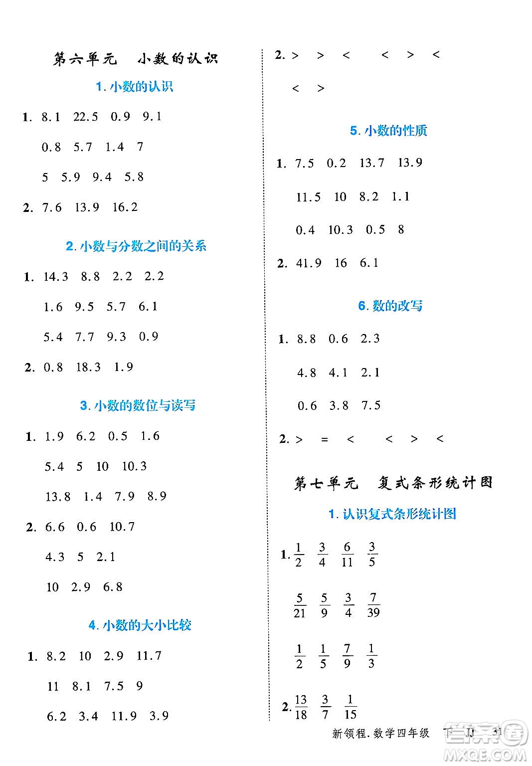 合肥工業(yè)大學出版社2025年春優(yōu)翼新領程四年級數(shù)學下冊冀教版答案