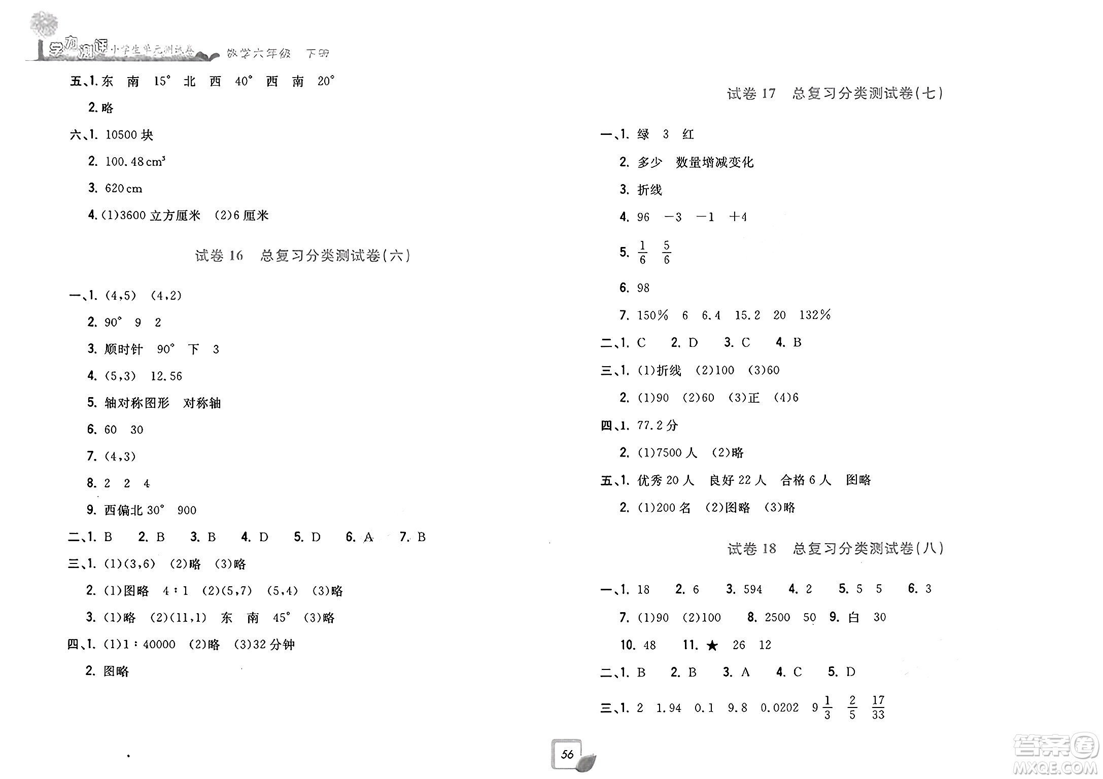 浙江工商大學出版社2025年春學力測評小學生單元測試卷六年級數(shù)學下冊通用版答案