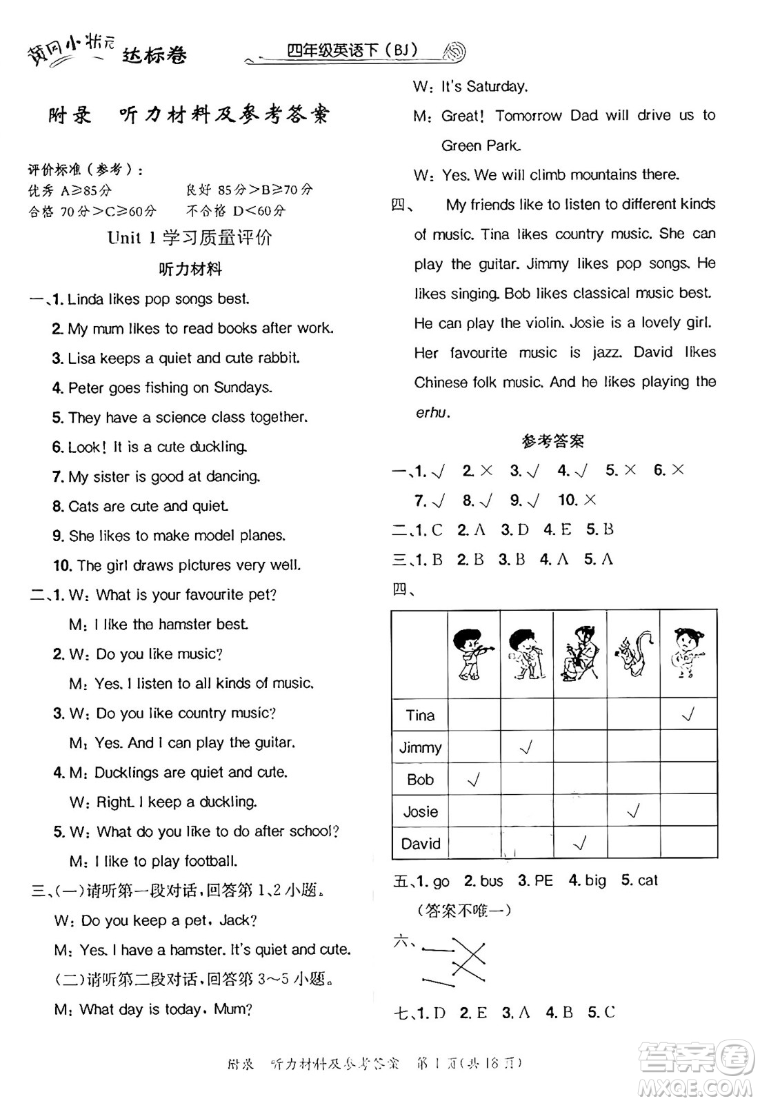 龍門書局2025年春黃岡小狀元達(dá)標(biāo)卷四年級(jí)英語下冊(cè)北京版北京課改版答案