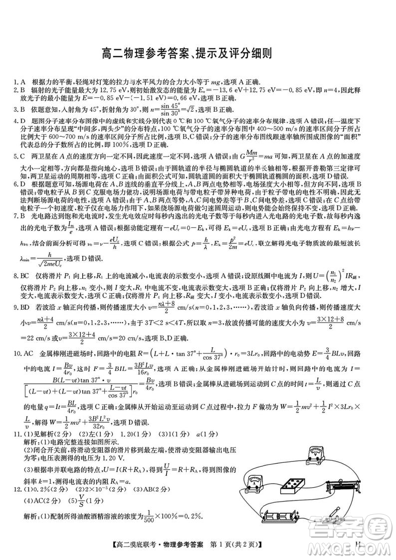 九師聯(lián)盟2025高二下學期6月摸底聯(lián)考物理答案