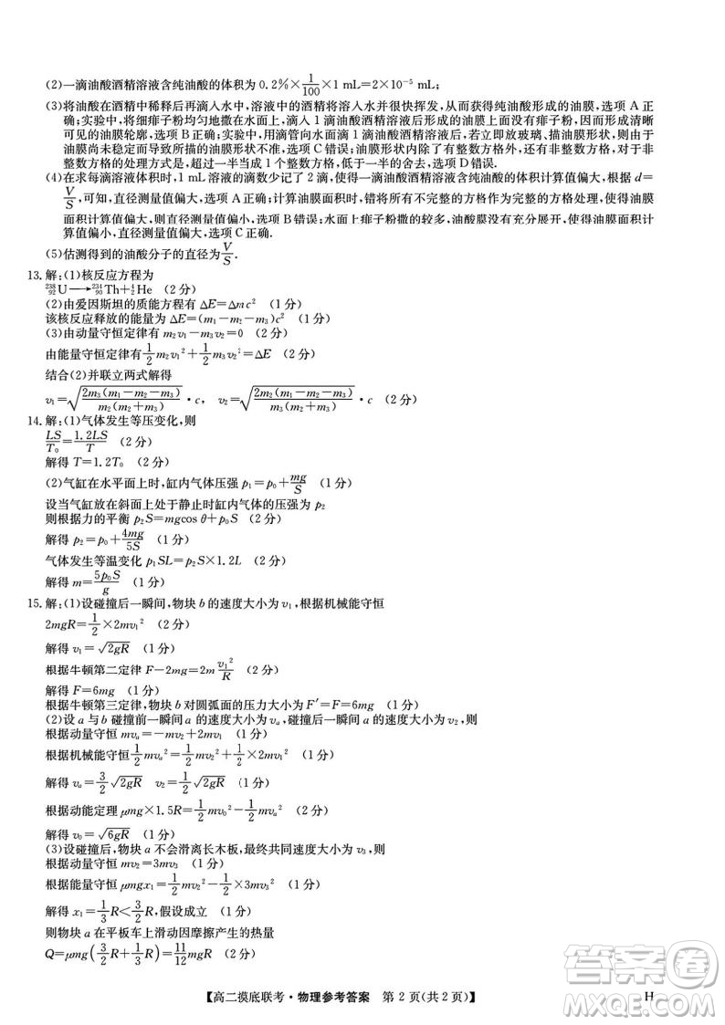 九師聯(lián)盟2025高二下學期6月摸底聯(lián)考物理答案