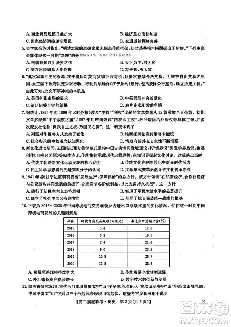 九師聯(lián)盟2025高二下學(xué)期6月摸底聯(lián)考?xì)v史答案