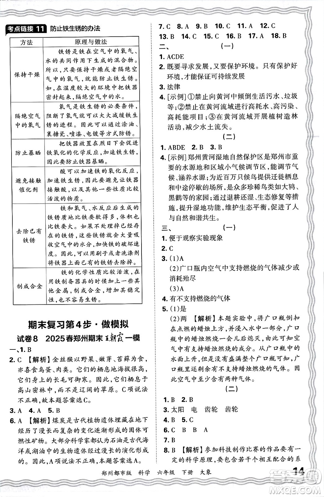 江西人民出版社2025年春王朝霞鄭州期末真題精編六年級(jí)科學(xué)下冊大象版鄭州都市版答案