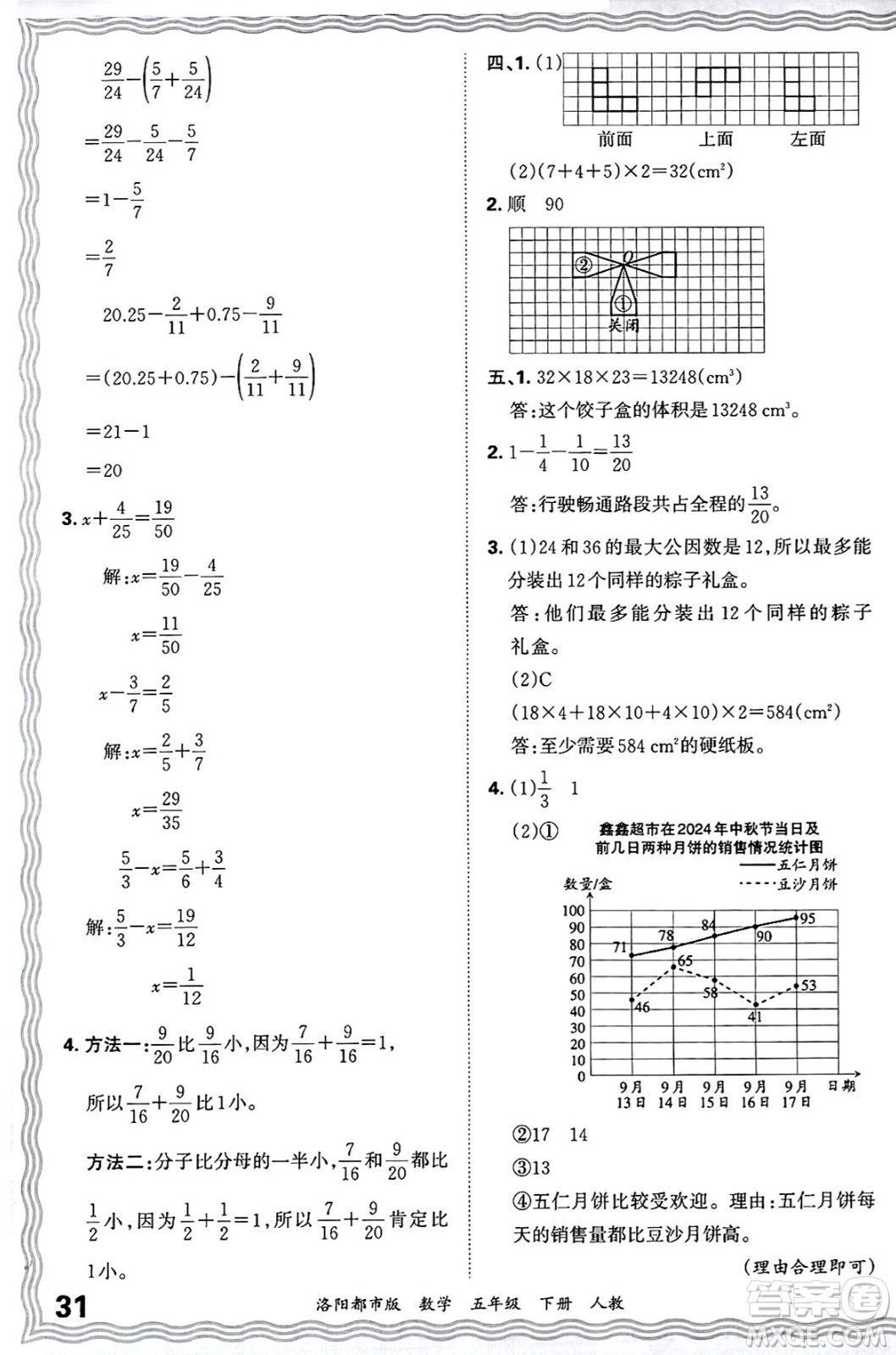 江西人民出版社2025年春王朝霞洛陽九縣七區(qū)各地期末試卷精選五年級(jí)數(shù)學(xué)下冊(cè)人教版洛陽都市版答案