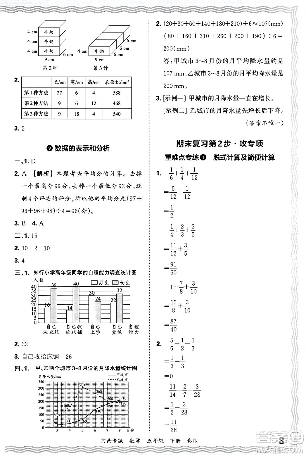 江西人民出版社2025年春王朝霞各地期末試卷精選五年級(jí)數(shù)學(xué)下冊(cè)北師大版河南專版答案