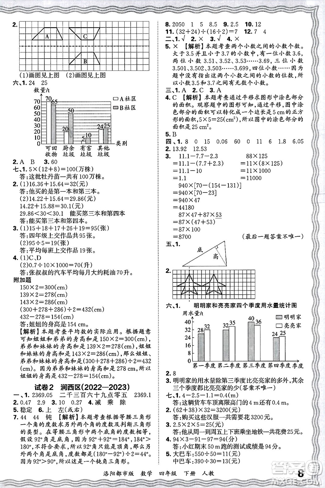 江西人民出版社2025年春王朝霞洛陽九縣七區(qū)各地期末試卷精選四年級數(shù)學(xué)下冊人教版洛陽都市版答案
