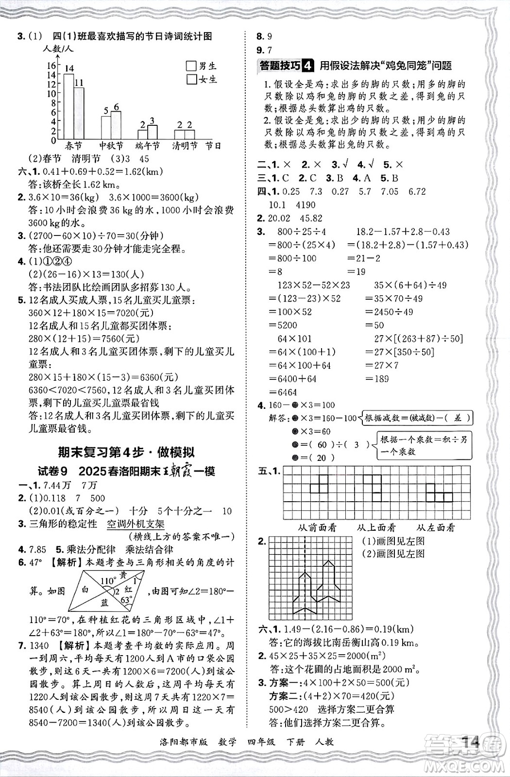 江西人民出版社2025年春王朝霞洛陽九縣七區(qū)各地期末試卷精選四年級數(shù)學(xué)下冊人教版洛陽都市版答案
