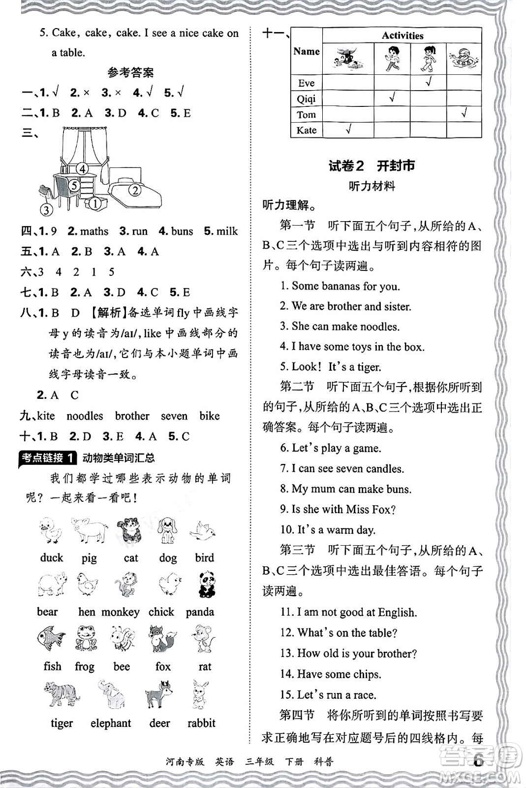 江西人民出版社2025年春王朝霞各地期末試卷精選三年級(jí)英語(yǔ)下冊(cè)科普版河南專版答案