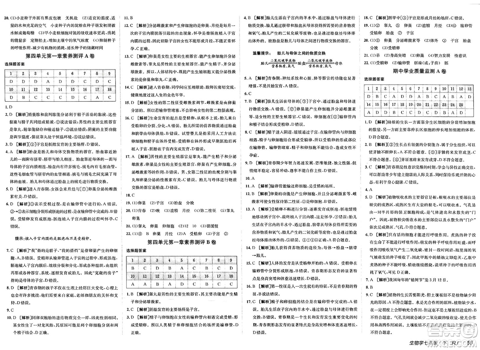新疆青少年出版社2025年春神龍教育非常海淀單元測試AB卷七年級生物下冊人教版答案