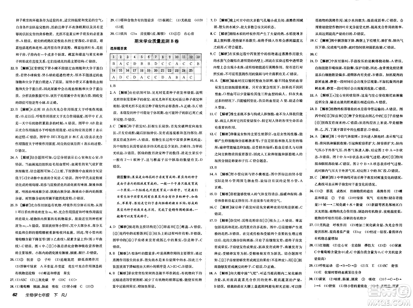 新疆青少年出版社2025年春神龍教育非常海淀單元測試AB卷七年級生物下冊人教版答案