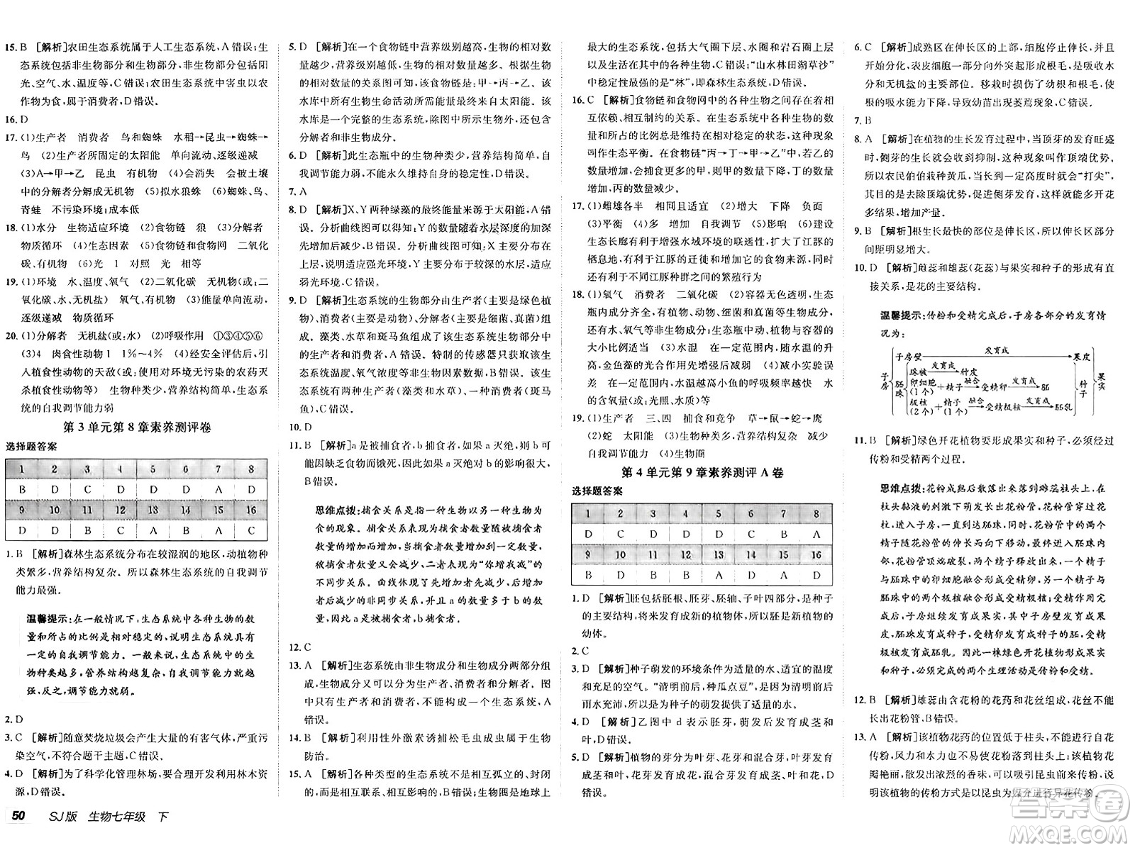 新疆青少年出版社2025年春神龍教育非常海淀單元測試AB卷七年級生物下冊蘇教版答案