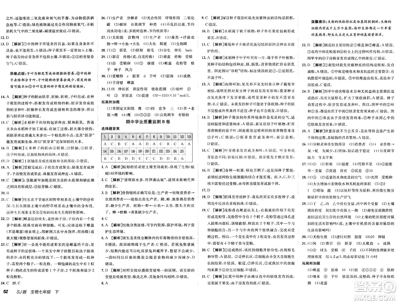新疆青少年出版社2025年春神龍教育非常海淀單元測試AB卷七年級生物下冊蘇教版答案