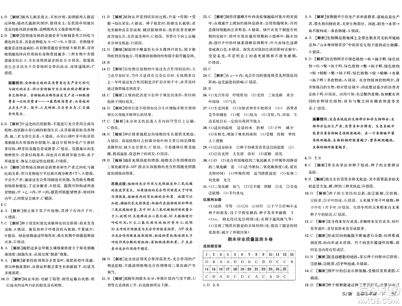新疆青少年出版社2025年春神龍教育非常海淀單元測試AB卷七年級生物下冊蘇教版答案