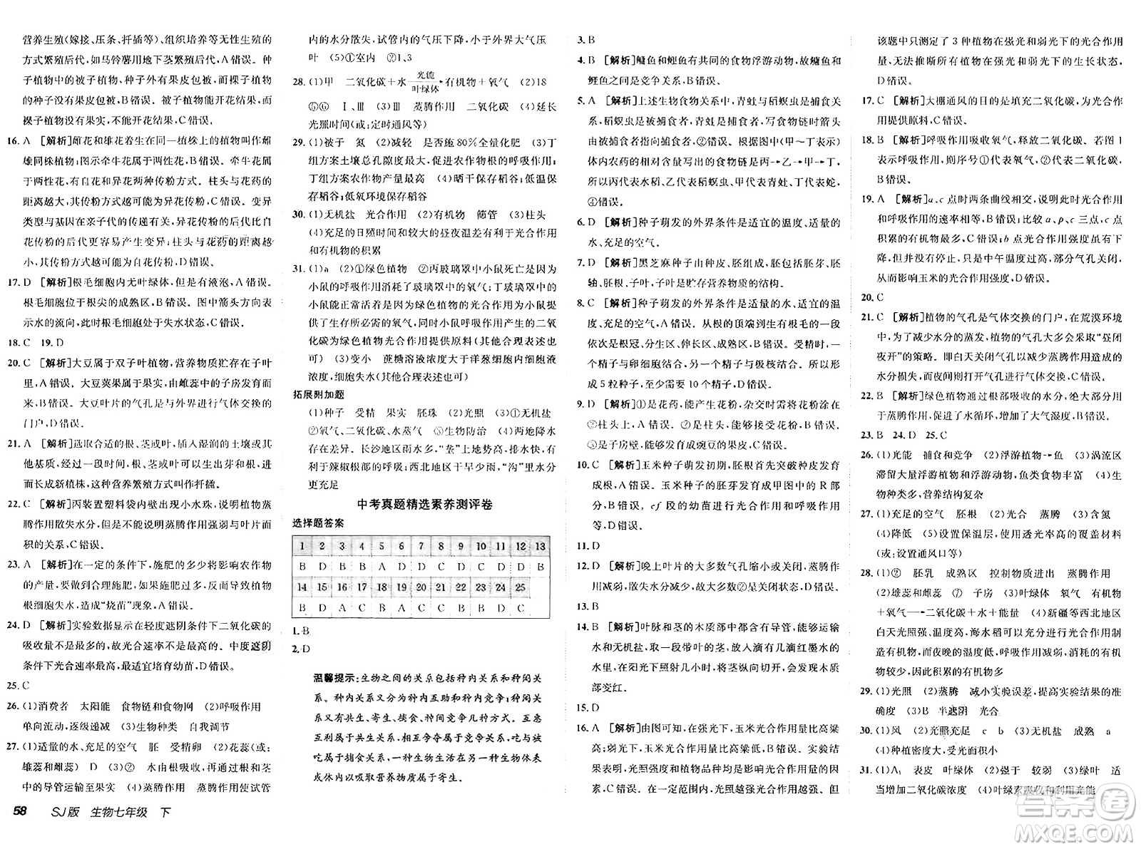 新疆青少年出版社2025年春神龍教育非常海淀單元測試AB卷七年級生物下冊蘇教版答案