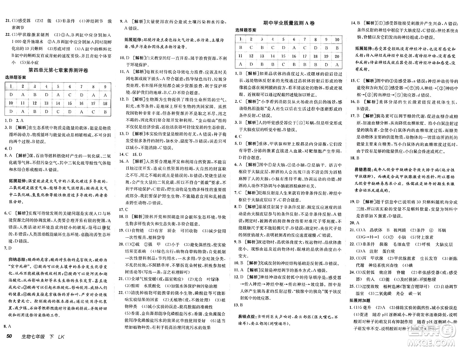新疆青少年出版社2025年春神龍教育非常海淀單元測(cè)試AB卷七年級(jí)生物下冊(cè)魯科版答案