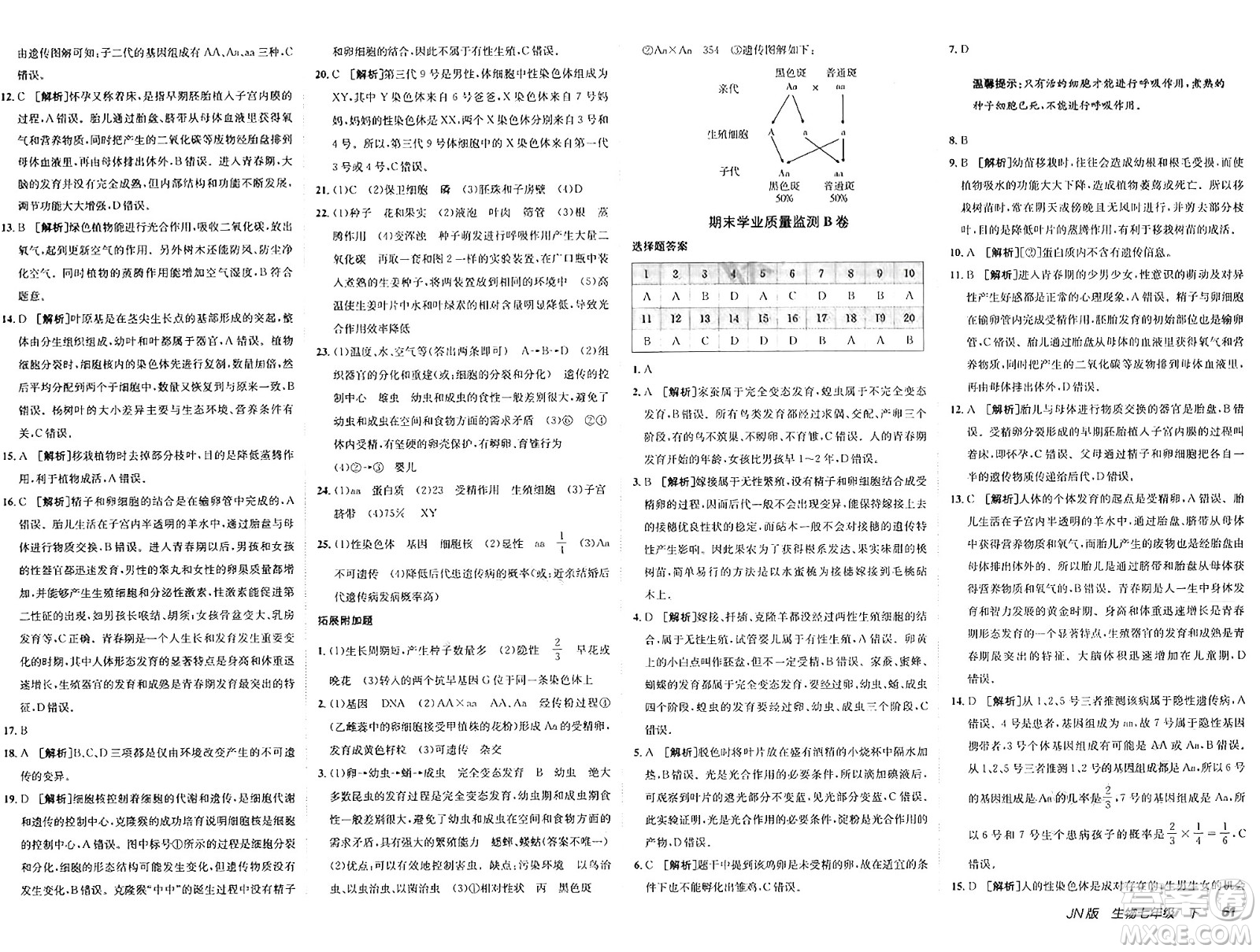 新疆青少年出版社2025年春神龍教育非常海淀單元測試AB卷七年級生物下冊濟(jì)南版答案