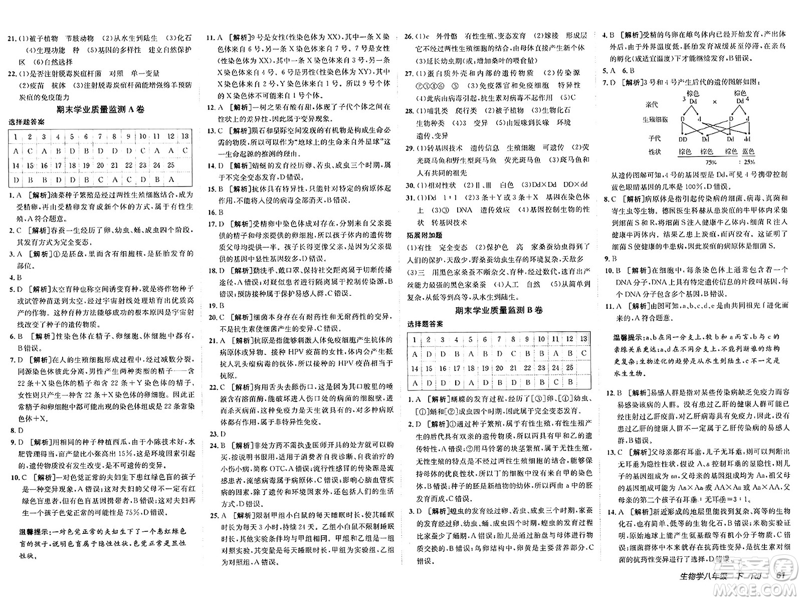 新疆青少年出版社2025年春神龍教育非常海淀單元測(cè)試AB卷八年級(jí)生物下冊(cè)人教版答案