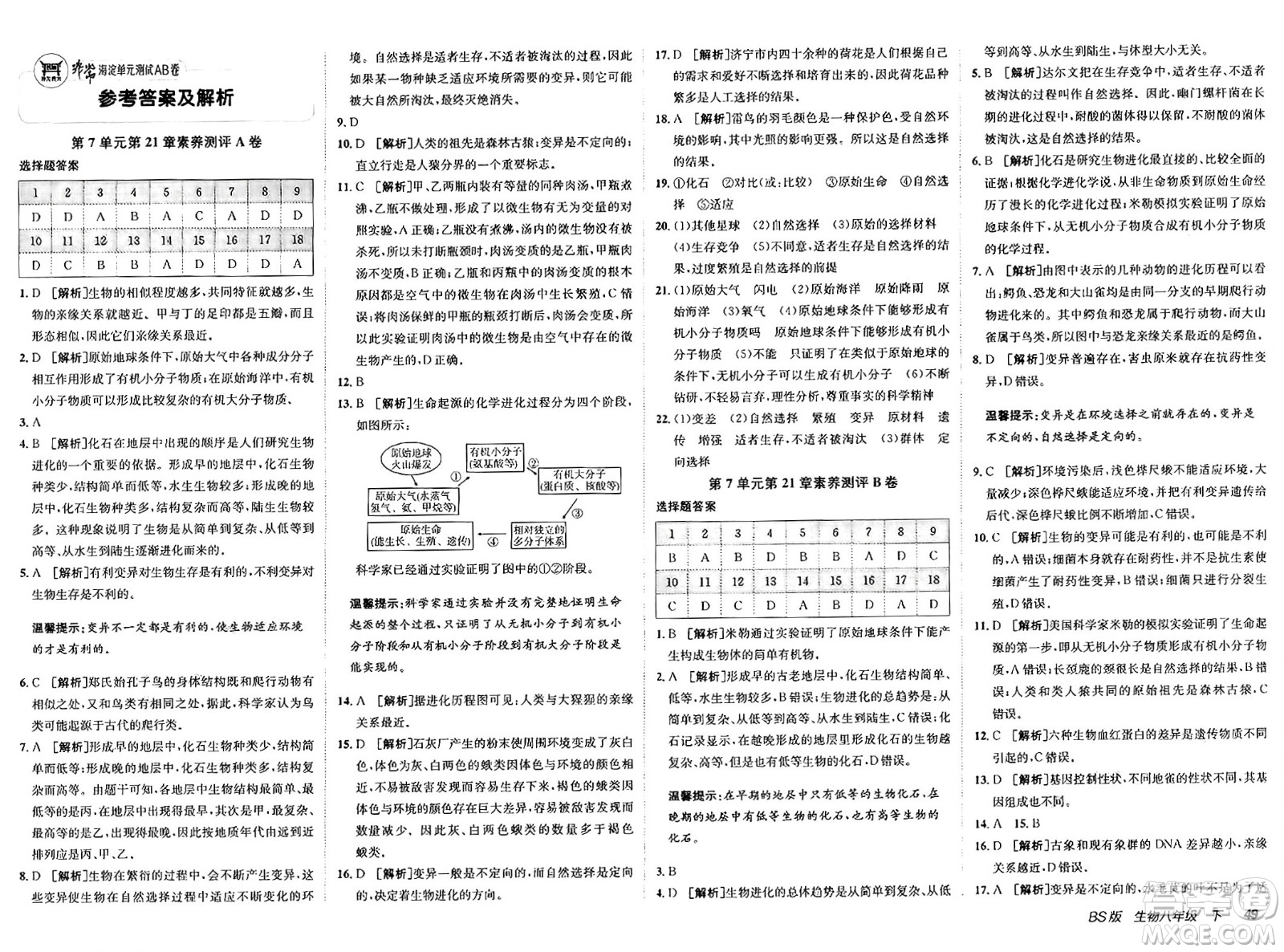 新疆青少年出版社2025年春神龍教育非常海淀單元測(cè)試AB卷八年級(jí)生物下冊(cè)北師大版答案