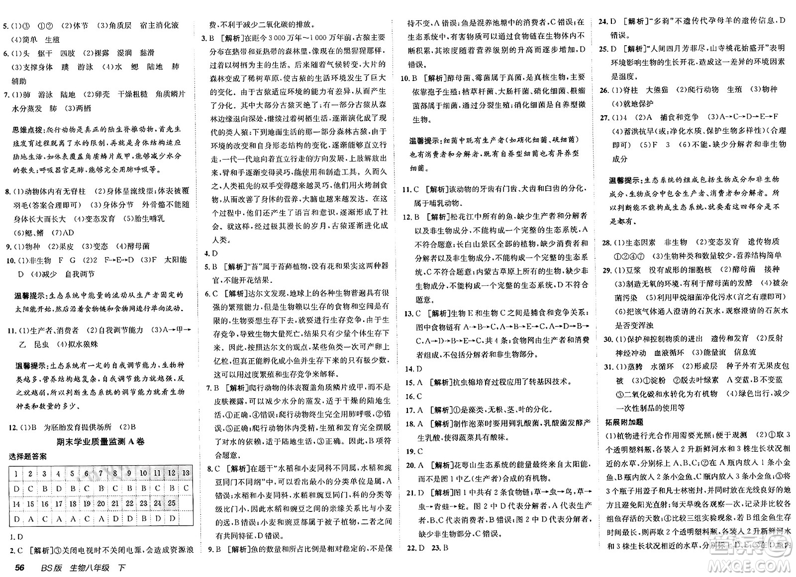 新疆青少年出版社2025年春神龍教育非常海淀單元測(cè)試AB卷八年級(jí)生物下冊(cè)北師大版答案