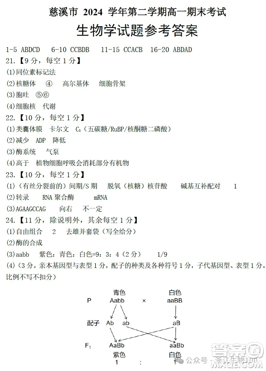 ?2025年6月慈溪高一期末考試生物試卷答案