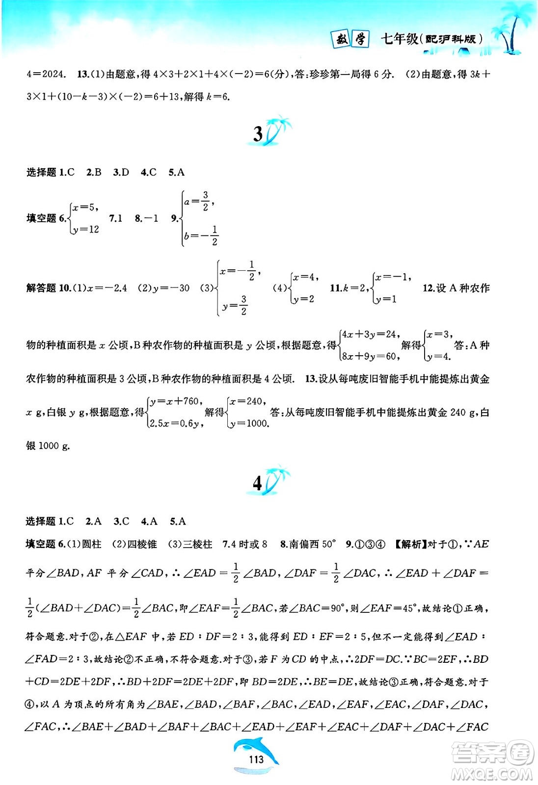 黃山書社2025年暑假作業(yè)七年級數學全冊滬科版答案