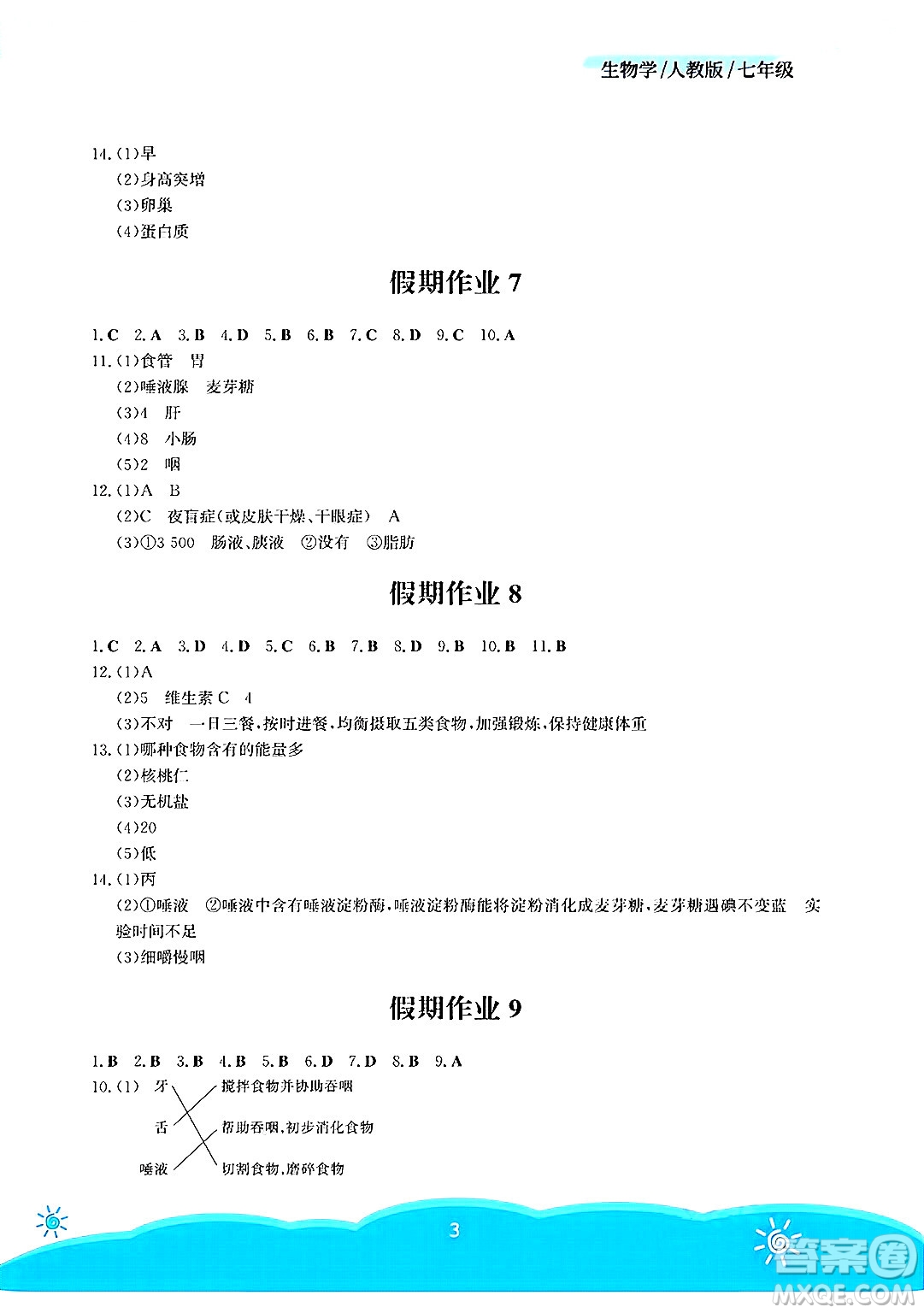 安徽教育出版社2025年暑假作業(yè)七年級(jí)生物全冊(cè)人教版答案