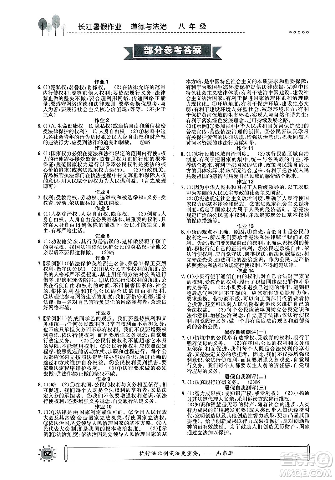崇文書局2025年長江暑假作業(yè)八年級道德與法治全冊通用版答案